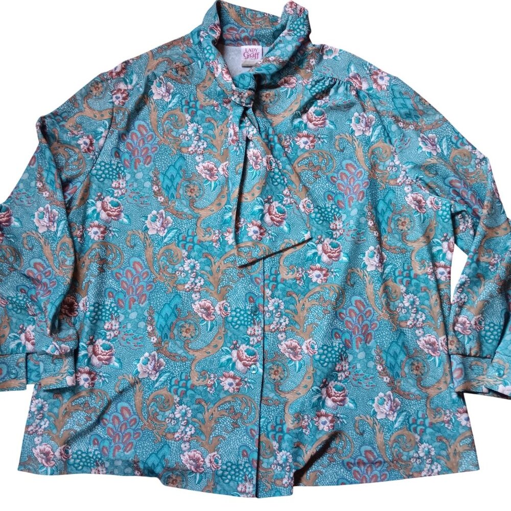 True Vintage Women's Secretary Blouse XL 80s Graff Turquoise Paisley Tie-Neck